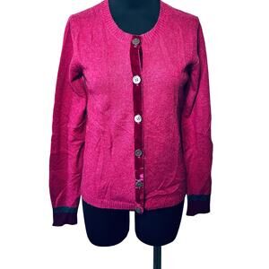 Brora Sweater Cardigan Cashmere Plum Velvet Trim Button Up Thin Knit Office 4/S
